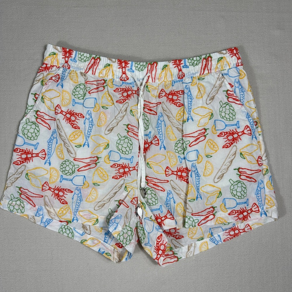 Cynthia Rowley Shorts Womens L White Embroidered Lobster Fish Picnic Excellent